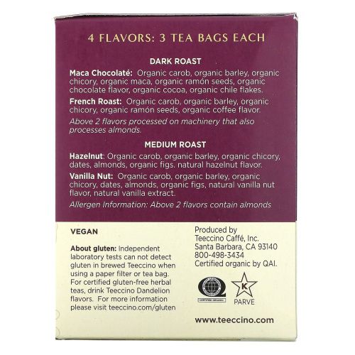 Teeccino, Roasted Herbal Tea Sampler, 4 Flavors, Caffeine Free, 12 Tea Bags, 2.54 oz (72 g)