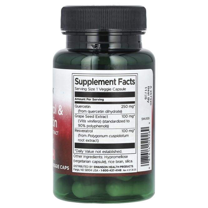Swanson, ресвератрол и кверцетин с экстрактом виноградных косточек, 30 растительных капсул