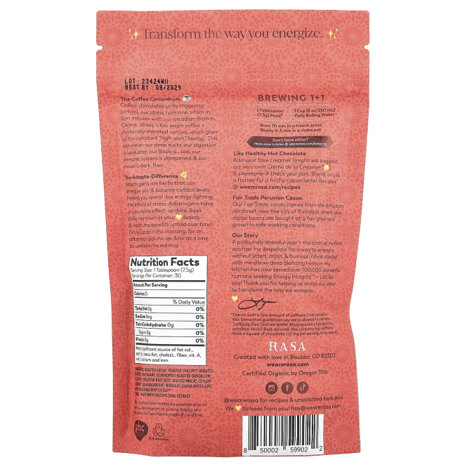 Rasa, Отвар какао, упакованный адаптогенами, 226 г (8 унций)