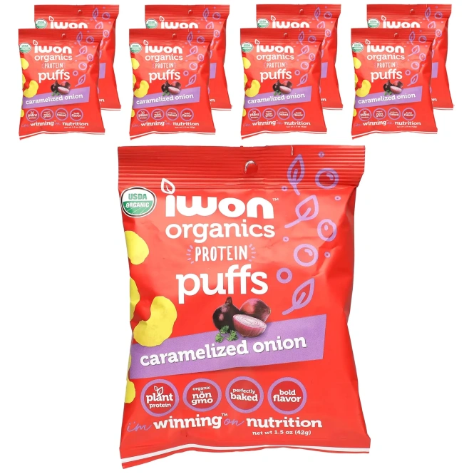 IWON Organics, Organics Protein Puffs, карамелизованный лук, 8 пакетиков по 42 г (1,5 унции)