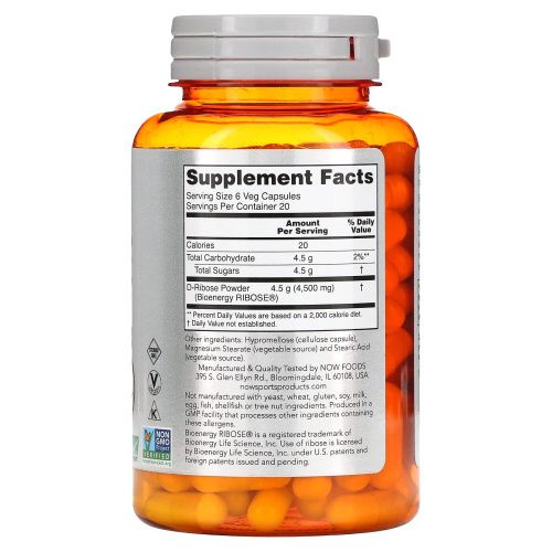 Now Foods, Sports, D-рибоза, 750 мг, 120 растительных капсул