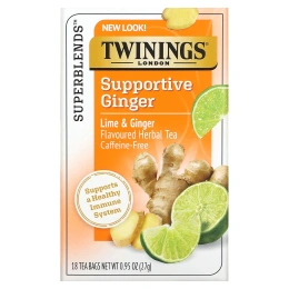 Twinings, Травяной чай для поддержки иммунитета, белый гибискус, лайм и имбирь, без кофеина, 18 пакетиков по 0,95 унц. (27 г)
