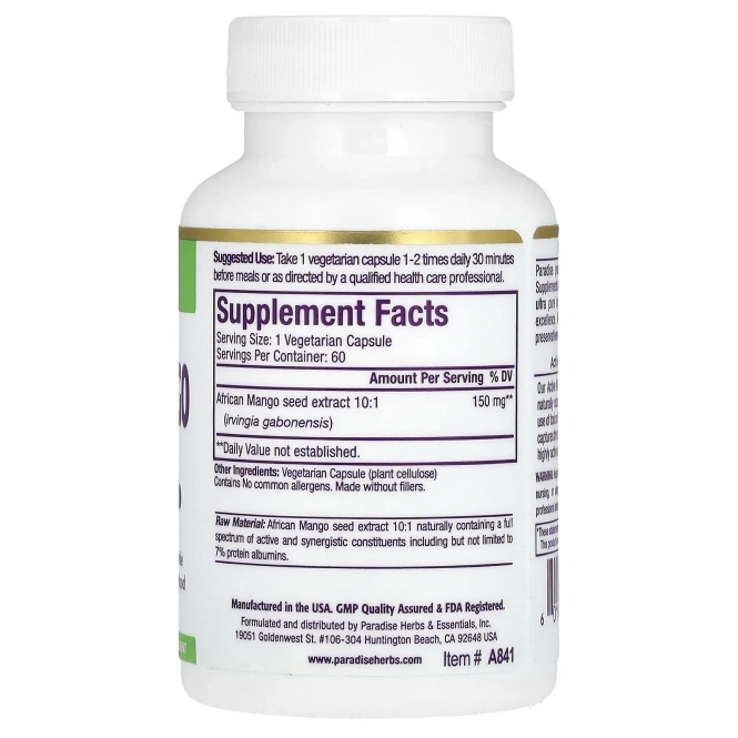 Paradise Herbs, экстракт ирвингии габонской, 60 вегетарианских капсул