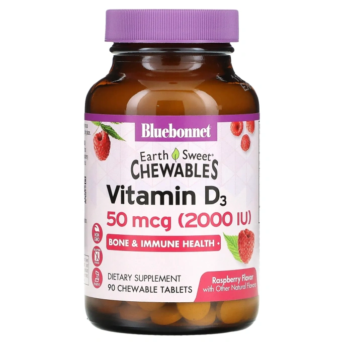 Bluebonnet Nutrition, EarthSweet, витамин D3, натуральный клубничный ароматизатор, 2000 МЕ, 90 жевательных таблеток