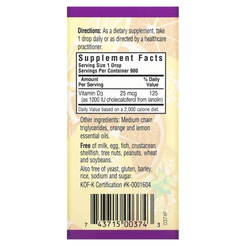 Bluebonnet Nutrition, Жидкий витамин D3, в каплях, натуральный цитрусовый вкус, 1000 МЕ, 1 жидкая унция (30 мл)