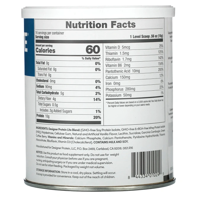 Designer Protein, Lite Protein, низкокалорийный натуральный протеин, ванильный кекс, 9,03 унц. (256 г)