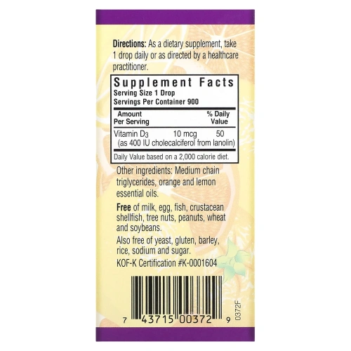 Bluebonnet Nutrition, Жидкий витамин D3 в каплях, натуральный аромат цитрусовых, 400 МЕ, 1 жидк. унц. (30 мл)