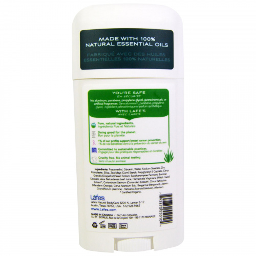 Lafe's Natural Bodycare, Твердый дезодорант, активная невидимая защита от запаха, цитрус и бергамот, 63 г