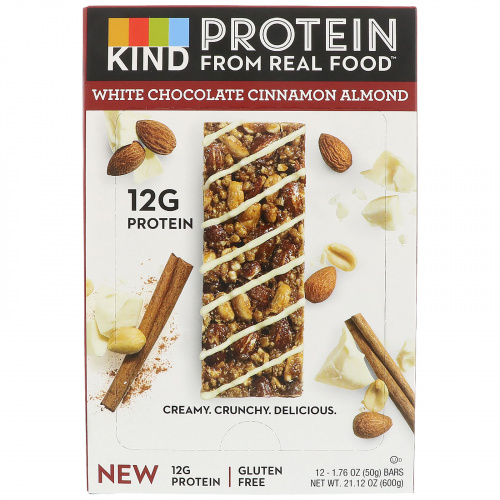 KIND Bars, Протеиновые батончики, белый шоколад с корицей и миндалем, 12 батончиков 1,76 унц. (50 г) каждый
