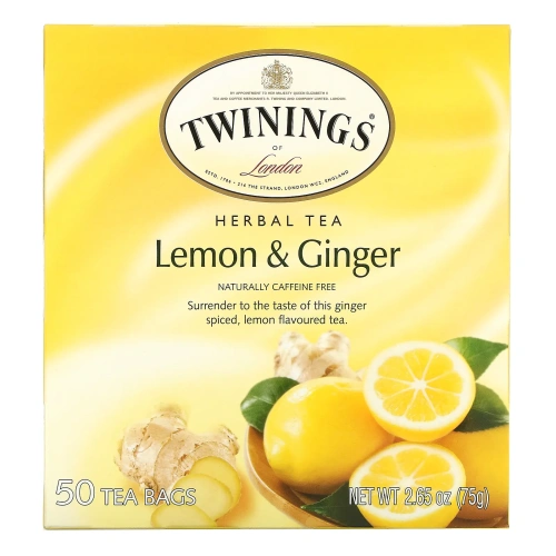 Twinings, травяной чай, лимон и имбирь, без кофеина, 50 чайных пакетиков, 75 г (2,65 унции)