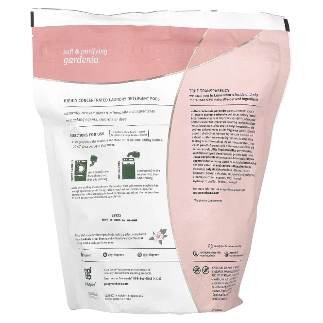 Grab Green, капсулы со стиральным порошком «3 в 1», запах гардении, 60 загрузок, 1080 г (2 фунта, 6 унций)