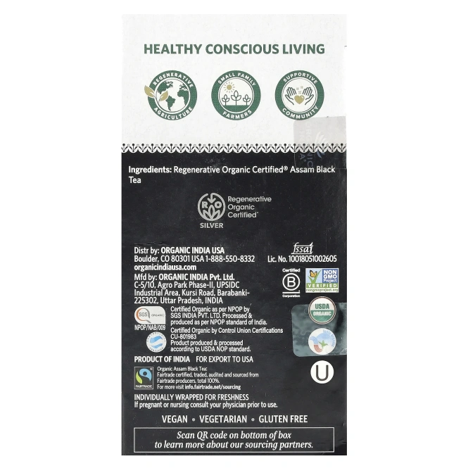Organic India, Черный чай Purely Assam, 18 пакетиков для заваривания, 32,4 г (1,14 унции)