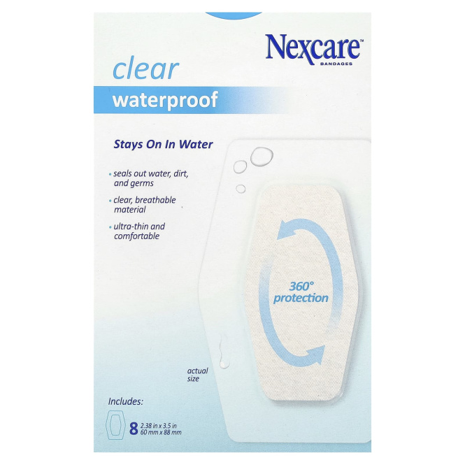 Nexcare, Прозрачные водонепроницаемые повязки для коленей и локтей, 8 повязок