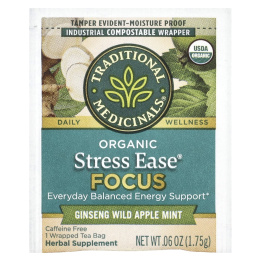 Traditional Medicinals, Organic Stress Ease® Focus, женьшень, дикое яблоко и мята, без кофеина, 16 чайных пакетиков в упаковке, 28 г (0,99 унции)