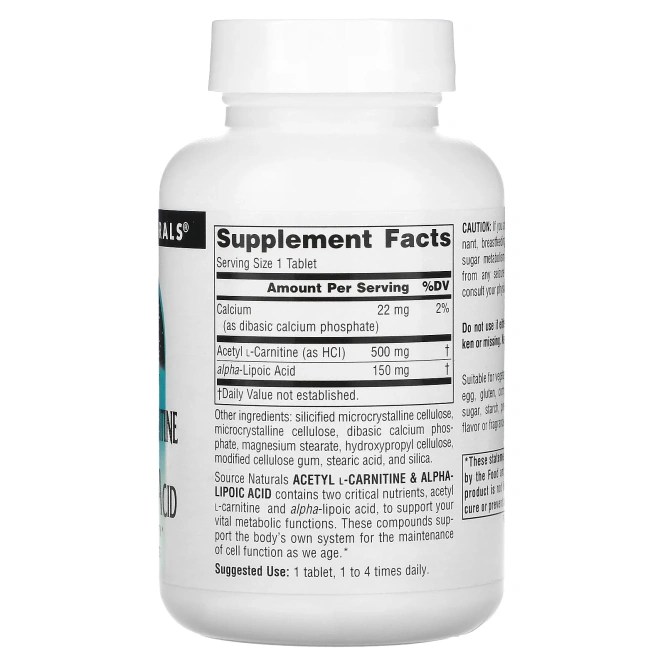 Source Naturals, Ацетил-L-карнитин и альфа-липоевая кислота, 650 мг, 60 таблеток