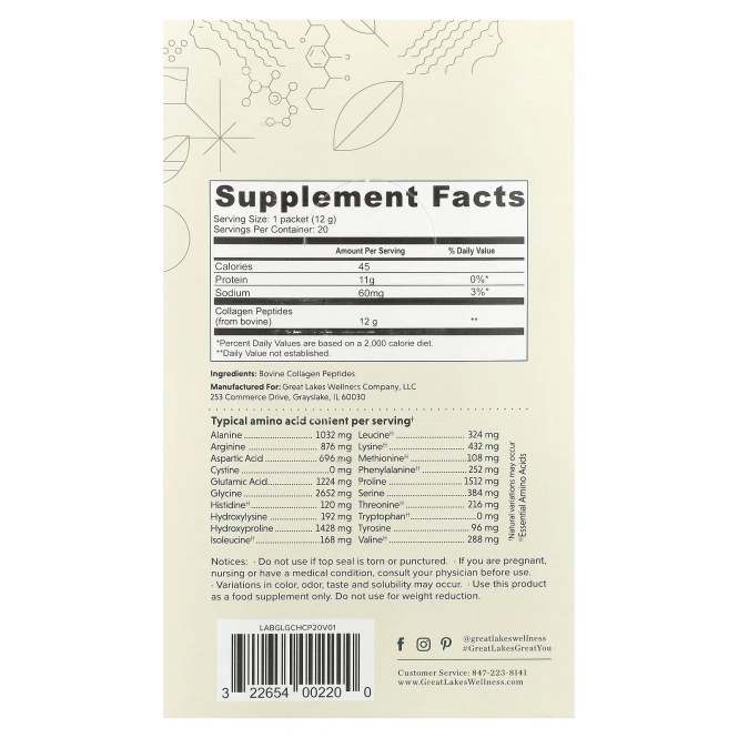 Great Lakes Wellness, Collagen Peptides, говядина травяного откорма, без добавок, 20 пакетиков по 12 г (0,42 унции)