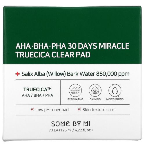 Some By Mi, AHA / BHA / PHA 30 Days Miracle Truecica Clear Pad, 70 тампонов, 125 мл (4,22 жидк. Унции)