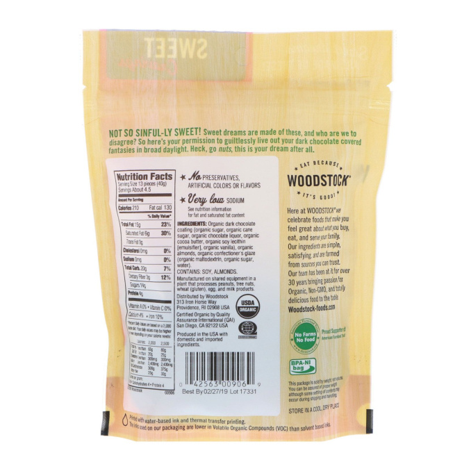 Woodstock, Миндаль в темном шоколаде, натуральный, 6.5 унций (184 г)