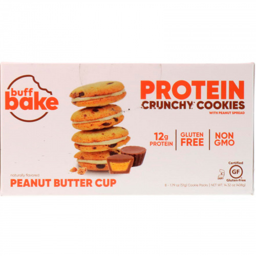 Buff Bake, Protein Crunchy Cookies, Peanut Butter Cup, 8 Cookie Packs, 1.79 oz (51 g) Each