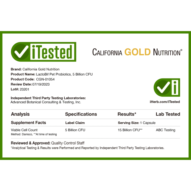 California Gold Nutrition, Пробиотики LactoBif Pet, 5 миллиардов КОЕ, 60 овощных капсул