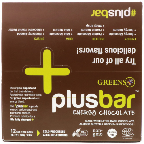 Greens Plus, PlusBar, энергетический шоколад, 12 батончиков, 2 унции (59 г) каждый