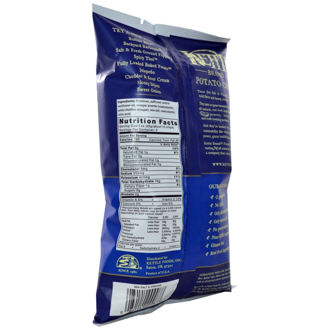 Kettle Foods, Картофельные чипсы,морская соль и уксус, 142 г