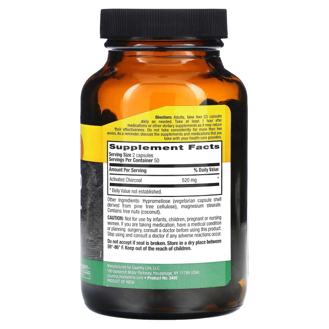 Country Life, Активированный уголь, 260 мг (4 г), 100 капсул