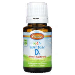 Carlson, Kid's Super Daily D3, 15 мкг (600 МЕ), 90 вегетарианских капель, 2,54 мл (0,086 жидк. унц.)