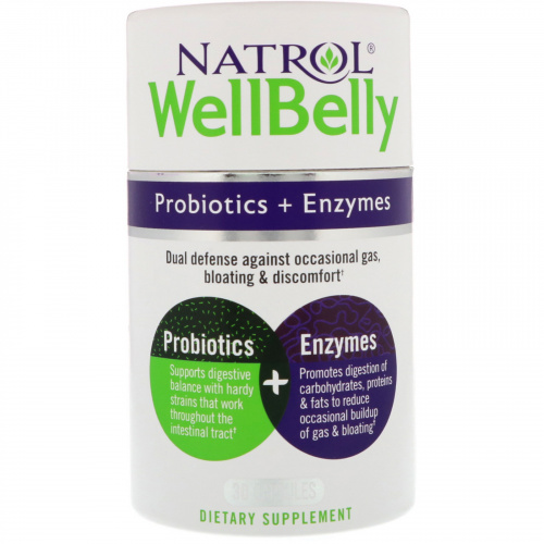 Natrol, WellBelly, Пробиотики + ферменты, 30 капсул.