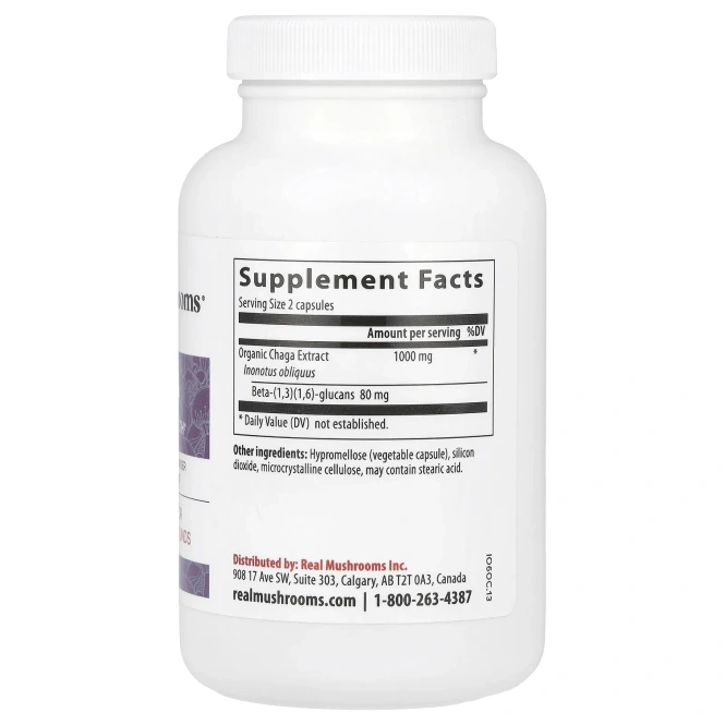 Real Mushrooms, Чага, экстракт грибов в порошке, 120 капсул