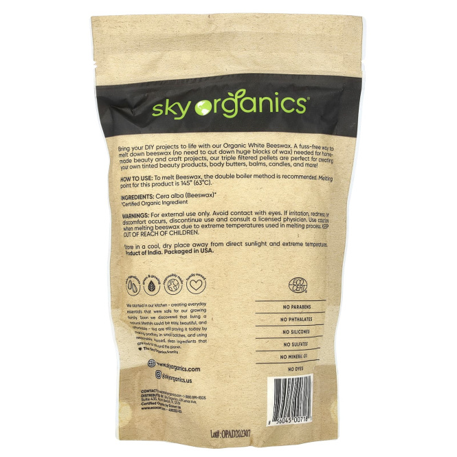 Sky Organics, Органический белый пчелиный воск, 454 г (16 унций)