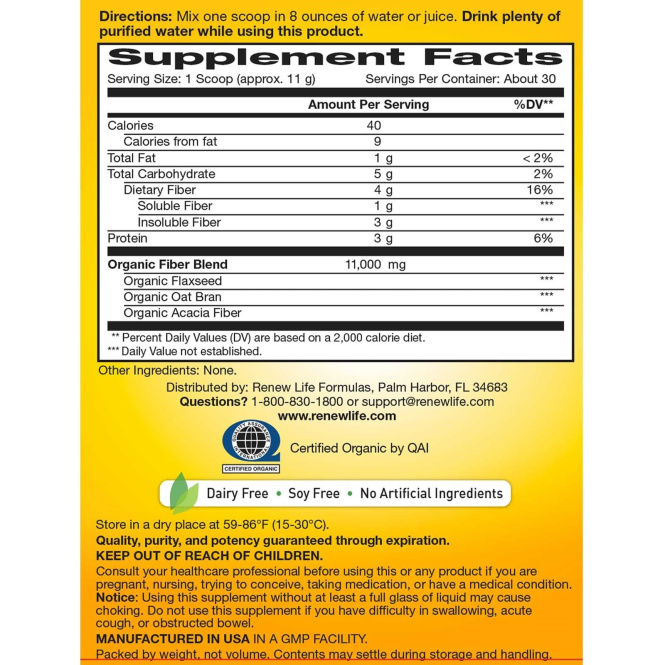 Renew Life, Organic Triple Fiber, сбалансированная формула с клетчаткой, 340 г
