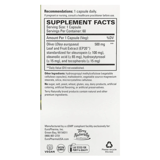 Terry Naturally, Экстракт оливы полного спектра EP20 ™, 60 капсул