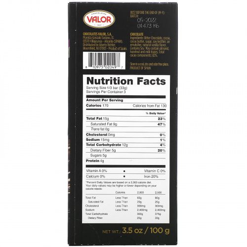 Valor, Extra Dark Chocolate, 82% Cacao, 3.5 z ( 100 g)
