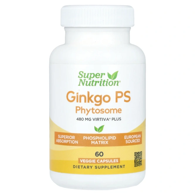 Super Nutrition, Ginkgo PS Phytosome, фитосомы гинкго с ФС, 480 мг, 60 растительных капсул