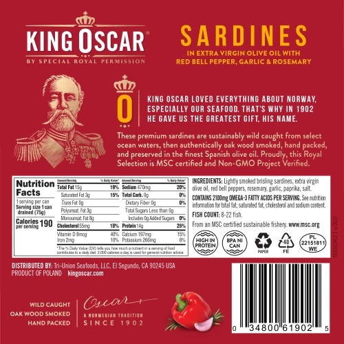 King Oscar, Сардины в оливковом масле первого отжима с красным болгарским перцем, чесноком, розмарином и острым чили, 106 г (3,75 унции)