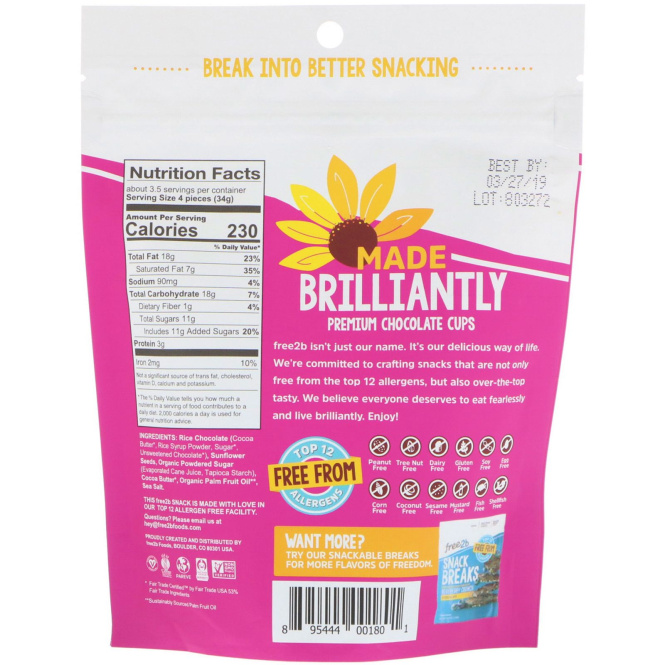 Free2B, Sun Cups Minis, Рисовый шоколад, 4,2 унц. (119 г)