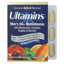 California Gold Nutrition, Ultamins, мультивитамины для мужчин старше 50 лет, с коэнзимом Q10, грибами, ферментами, овощами и ягодами, 60 растительных капсул