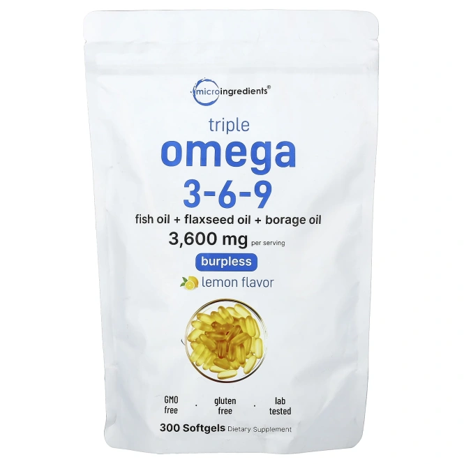 Micro Ingredients, омега-3, 6-9, со вкусом лимона, 300 капсул