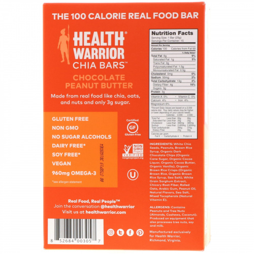 Health Warrior, Inc., Батончики чиа, шоколад и арахисовое масло, 15 батончиков, 375 г (13,2 унций)