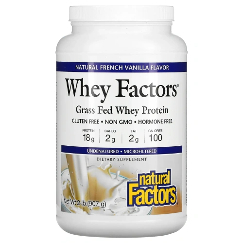 Natural Factors, Whey Factors, сывороточный белок от коров, вскормленных травой, со вкусом натуральной французской ванили, 2 фунта (907 г)