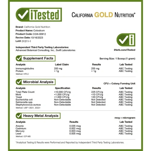 California Gold Nutrition, Молозиво, высококонцентрированное, мгновенное, без rBST, 7,05 унций (200 г)