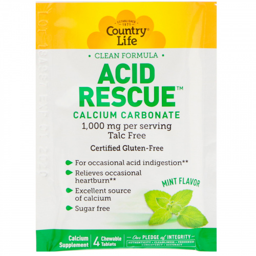 Country Life, Acid Rescue Calcium Carbonate, Mint Flavor, 1,000 mg (20-4 Chewable Tablet Packets)