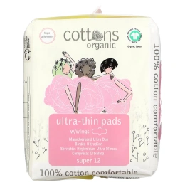 Cottons, Ультратонкие прокладки с крылышками, покрывающий слой из 100% чистого хлопка, Super, 12 штук