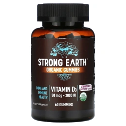 YumVs, Strong Earth, органические жевательные таблетки, витамин D3, клубника и малина, 2000 МЕ, 60 жевательных таблеток (25 мкг (1000 МЕ) в 1 жевательной таблетке)