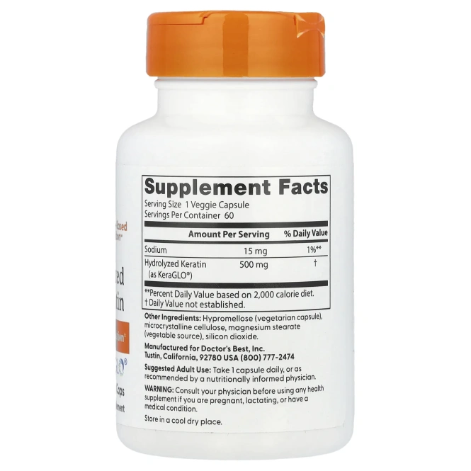 Doctor's Best, гидролизованный кератин, 500 мг, 60 растительных капсул