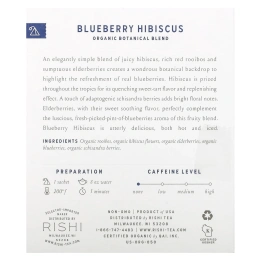 Rishi Tea, органический чай с растительной смесью, гибискус и черника, без кофеина, 15 пакетиков, 48 г (1,69 унции)