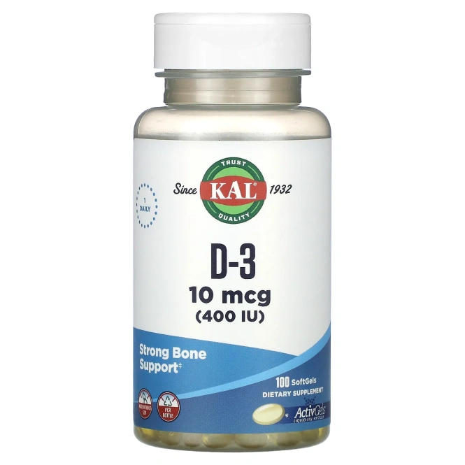 KAL, D-3, 10 мкг (400 МЕ), 100 мягких таблеток