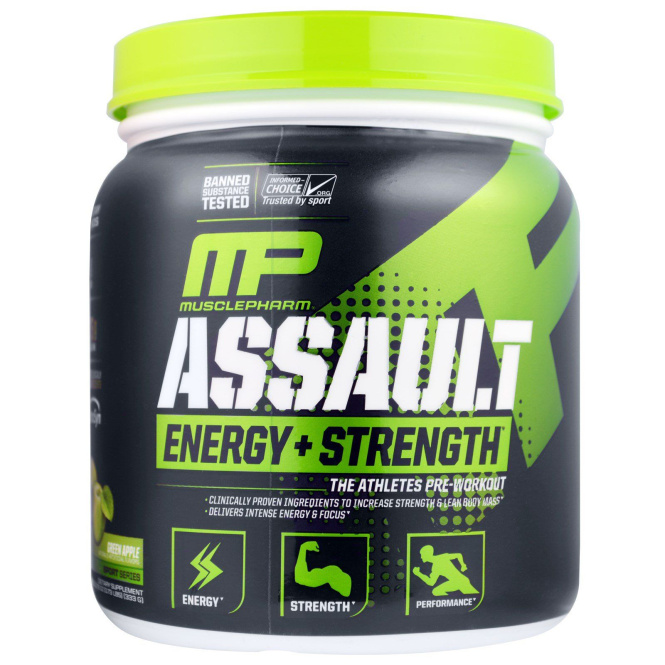 MusclePharm, Assault, Энергия + Сила, предтренировочный комплекс, зелёное яблоко, 333 г.