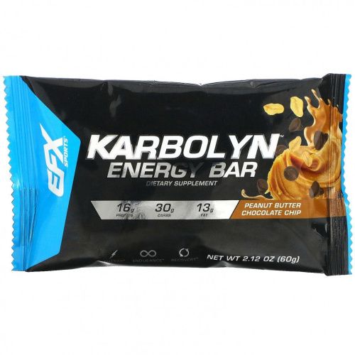 EFX Sports, Karbolyn Energy, батончик с арахисовым маслом и шоколадной крошкой, 12 батончиков, по 2,12 (60 г)